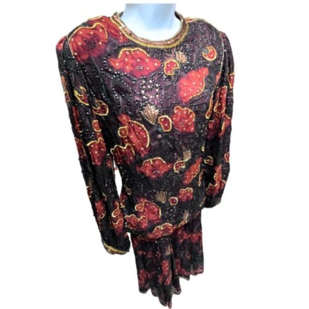 JUDITH‎ ANN CREATIONS Xs SILK FLOWER PRINT BEAD & SEQUINS DRESS Burgundy Modest